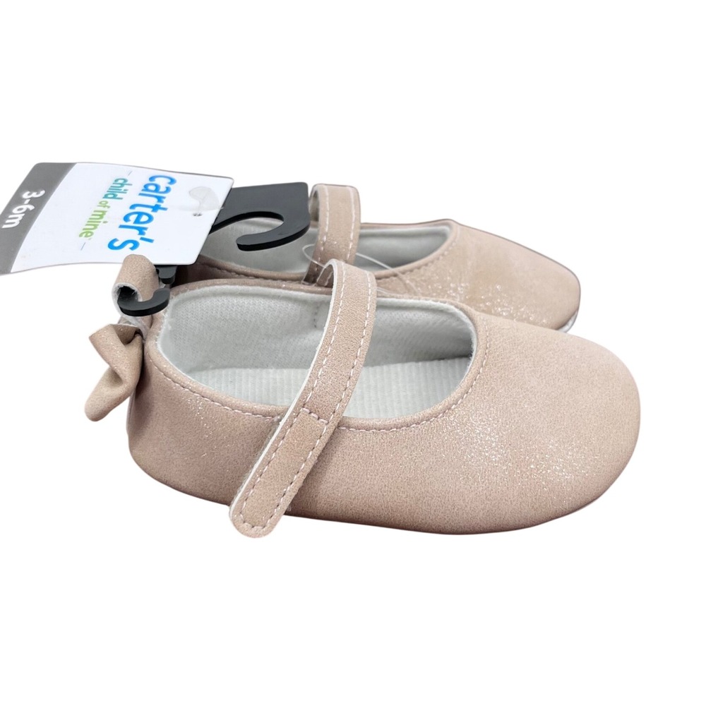 Carter's‎ Mary Jane Flats Girls 3-6M Champagne Shimmer Bow Heel Soft Sole Shoes